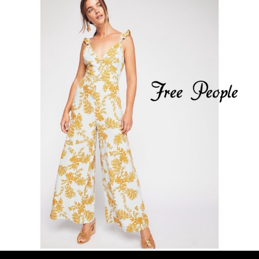 Free People White and Gold Floral Jumpsuit